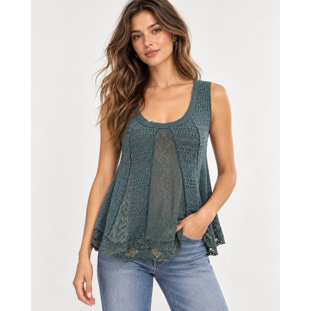 Anthropologie Meadow Rue Teal Mixed Media Lace Knit Swing Tank Top XS